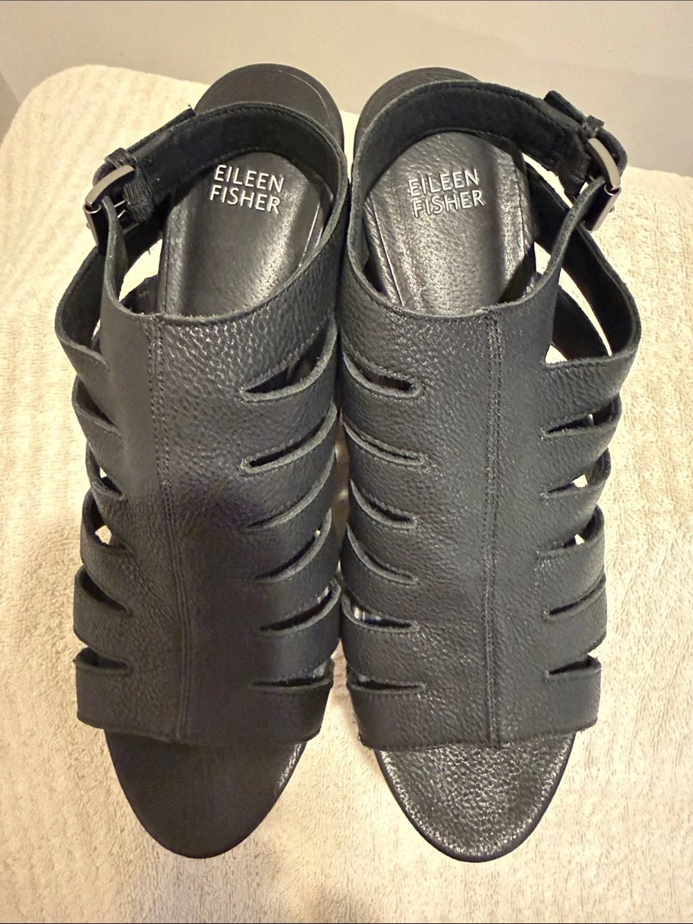 Eileen Fisher Black Leather Strappy Wood Wedge Sandals Summer Formal Wedding 10